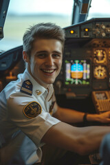 Wall Mural - Caucasian male airplane captain wearing uniform in cockpit.