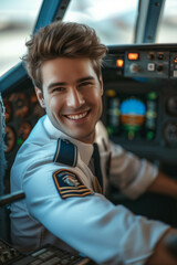 Wall Mural - Caucasian male airplane captain wearing uniform in cockpit.