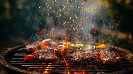 an outdoor barbecue grill as flames dance around succulent meats and vegetables, evoking the mouthwatering aroma of grilled delicacies in the open air.