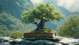 Fototapeta  - a bonsai tree on a book, in the style of mythology-inspired, clear edge definition, reverent and tranquil, spectacular show of ages, studyplace, calculated, unreal engine