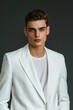© Matthew - A Professional portrait model of a white young man wearing a white suit and a T-shirt