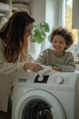 Caucasian mother and son washing clothes together in the house.