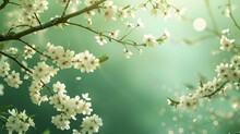 Blooming Cherry Branch On Green Background