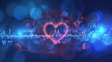 Neon Heart Outline With A Vivid Heartbeat Line On A Soft, Bokeh Blue Background With Digital Elements..