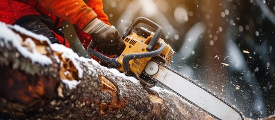 Wall Mural - Worker cutting trees use portable gasoline chainsaw in natural background. AI generated image