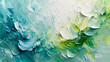 A whimsical and playful abstract painting on a marble slab with pastel green and light blue colors, resembling a garden in spring. 