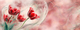 Fototapeta Tulipany - Tapeta w kwiaty, czerwone tulipany na jasnym tle, dym, puste miejsce	
