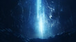 Blue glowing straight line laser light shinning meteor falling in the cave