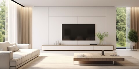 Canvas Print - Contemporary white apartment featuring a spacious living room with large TV and furniture.