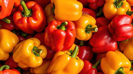 Sticker -  a pile of red, yellow, and orange peppers with a green stalk in the middle of one of the rows of red, yellow, orange, green, and yellow peppers.