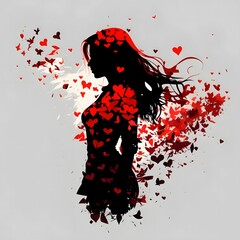 Wall Mural - Black silhouette of a Woman around red hearts, shapes, abstract, gray background. Heart as a symbol of affection and love.
