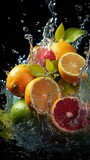 Fototapeta Łazienka - sliced fresh lemons gleaming under droplets of water: a vibrant display of citrus beauty and tantalizing freshness in its purest form. Ai Generated