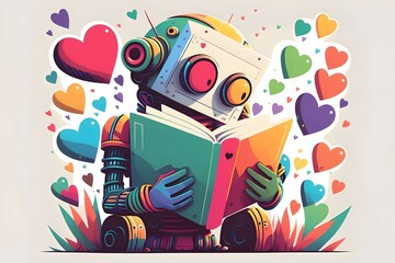 Wall Mural - Illustration of a colorful robot reading a book around colorful hearts. Heart as a symbol of affection and love.