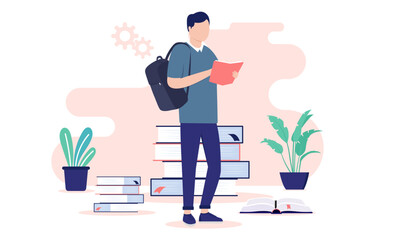 Fototapete - Student reading book - Male person taking education and course, thinking, learning and getting smarter. Education and school work concept in flat design vector illustration with white background