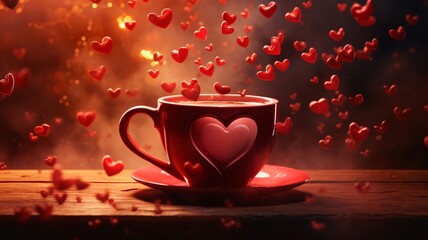 Wall Mural - Tea cup with a red heart with tiny hearts flying around. Heart as a symbol of affection and love.