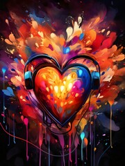 Wall Mural - Colorful rainbow heart painted with paints in headphones. Heart as a symbol of affection and love.