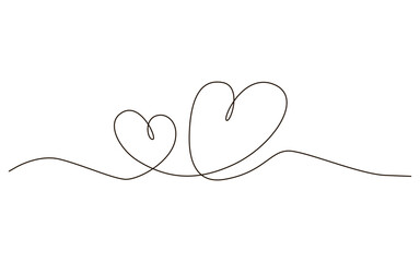 Wall Mural - Two hearts continuous one line symbol drawing. Love romantic icon in simple linear doodle style vector illustration with editable stroke. Design for wedding festive card