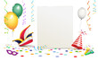 Karneval Plakat mit blanko Karte, Faschingshut, Luftballons, Konfetti, Tröten, Luftschlangen und Maskenbrille,
Vektor Illustration isoliert auf weißem Hintergrund
