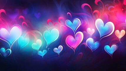 Wall Mural - Colorful glowing hearts on a dark background.Valentine's Day banner with space for your own content. White background color. Blank field for the inscription.