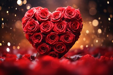 Wall Mural - Red heart made of rose petals, scattered petals all around, bright bokeh effect in the background.Valentine's Day banner with space for your own content.