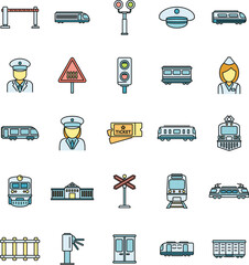 Wall Mural - Electric train driver subway icons set. Outline set of electric train driver subway vector icons thin line color flat on white