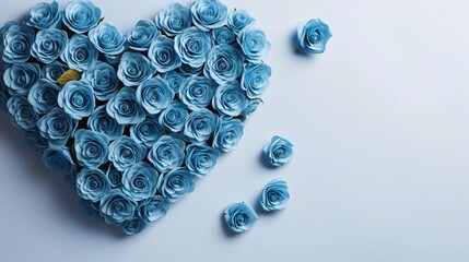 Wall Mural - Big heart with blue rose flowers, light background.Valentine's Day banner with space for your own content.