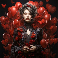 Wall Mural - A young woman surrounded by red balloons in the shape of hearts. Heart as a symbol of affection and love.