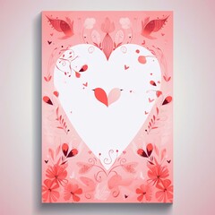 Wall Mural - Pink card with decorations, flowers and a white heart. Heart as a symbol of affection and love.