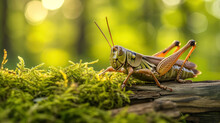  A Close Up Of A Grasshopper On A Piece Of Wood With Moss Growing In The Foreground And A Blurry Background Of Trees And Bushes In The Background.