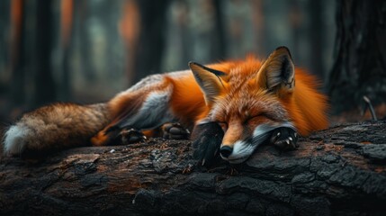 Poster -  a close up of a fox laying on a log in the woods with it's head resting on it's paw, with its eyes closed and eyes closed.