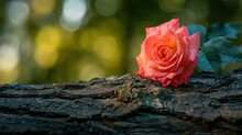  A Pink Rose Sitting On Top Of A Tree Branch In Front Of A Green Leafy Forest Filled With Lots Of Trees In The Background And A Soft Focus On The Foreground Of The Foreground.