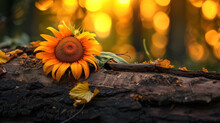  A Close Up Of A Sunflower On A Log With Leaves On The Ground In Front Of A Yellow Boke Of Light In The Back Of The Picture Is A Blurry Background.