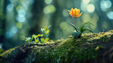  A Single Yellow Flower Sitting On Top Of A Moss Covered Tree Stump In A Forest Filled With Green Leaves And Mossy Ground, With Sunlight Streaming Through The Trees In The Background.