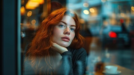 Poster -  a close up of a person sitting at a table with a cup of coffee in front of a window with a blurry background of a city street at night.