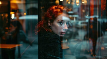 Poster -  a woman with red hair looking out of a window at a man in a black jacket and a woman with red hair looking out of a window at a man.