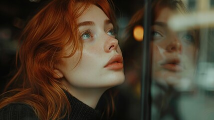 Wall Mural -  a close up of a person with red hair and blue eyes looking out of a window with a reflection of another person in the window and a building in the background.