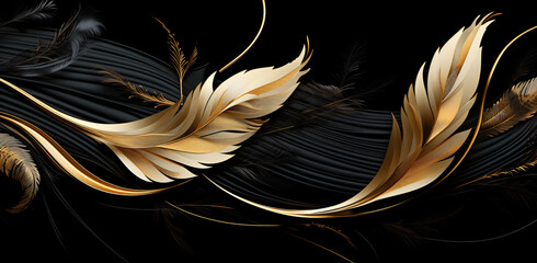 Wall Mural - feathers in gold and black on a black background