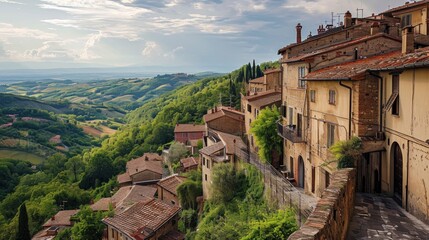 Poster -  a row of buildings on a hillside with a view of a valley and rolling hills in the distance with trees on both sides of the buildings and a cloudy sky.