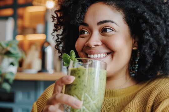 young african american woman drinking healthy detox drink