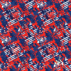 Canvas Print - Abstract seamless geometric pattern with urban elements, scuffed, drops, spray paint ink. USA colors ornament with Grunge textured background. Wallpaper for boys, girls. Red and blue repeated backdrop