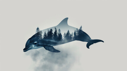 Sticker -  a picture of a dolphin in the air with trees in the back ground and fog in the air in front of it, and a fog in the back ground.