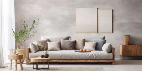 Canvas Print - Stylish home decor template with creative living room composition featuring gray sofa, wooden coffee table, stylish carpet, beige side table, pillows, personal accessories, and marble lamp.