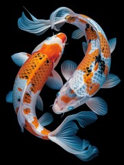 Wall Mural - Two beautiful koi fish with orange and white colors, isolated against a black background.
