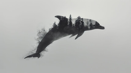 Sticker -  a black and white photo of a whale in the air with smoke coming out of it's mouth and trees on the other side of the whale's tail.