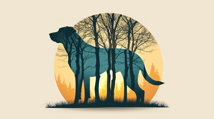 Poster -  a dog standing in the middle of a forest with a full moon in the background and a silhouette of a dog in the middle of the forest with a full moon in the background.