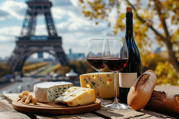 Bottle and wineglasses with fresh bread and cheese on table on Eiffel Tower background