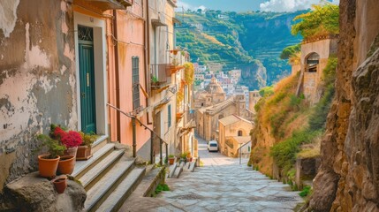 Poster -  a painting of a narrow street with steps leading up to a building with a view of a town on a hill in the distance, with a car parked on the side of the road.