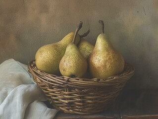Wall Mural - ripe pears in a wicker basket, closeup