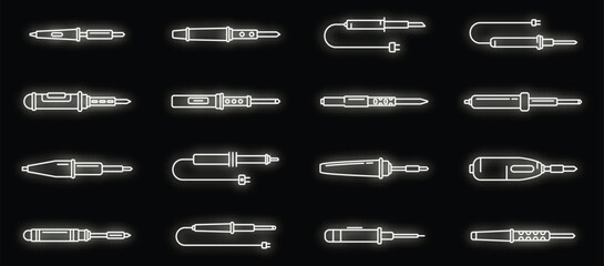 Poster - Electric soldering iron icons set. Outline set of electric soldering iron vector icons neon color on black