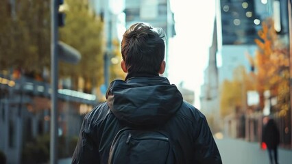 Wall Mural - A young man in a black jacket walks through the city at sunset